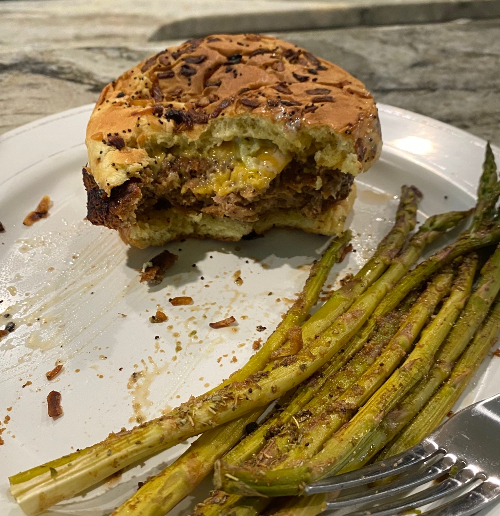 Vegan Cheese Burger & Baked Asparagus Recipe